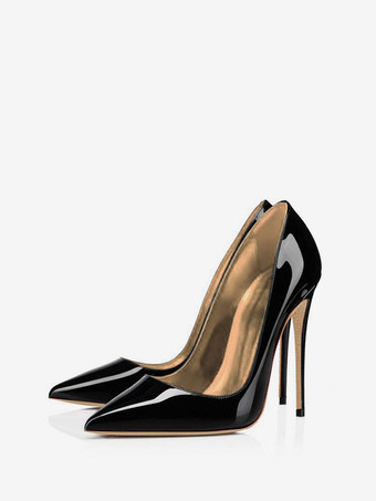 Sapatos femininos clássicos de couro preto envernizado com bico fino e salto alto