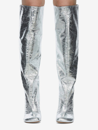 ニーハイ ブーツ カーブ ヒール パテント ブライト レザー パーティー ブーツ ワイド カーフ レディース