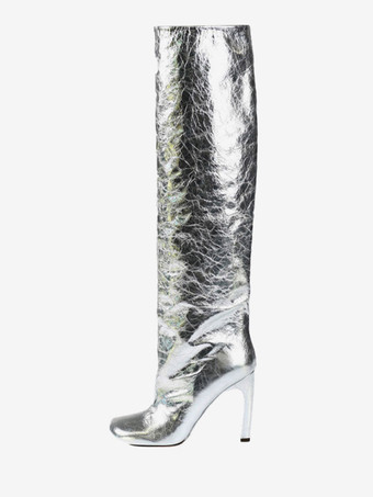 ニーハイ ブーツ カーブ ヒール パテント ブライト レザー パーティー ブーツ ワイド カーフ レディース