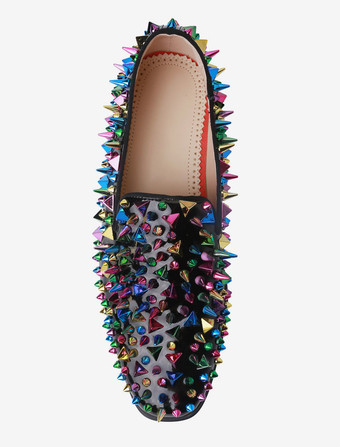 メンズ ブラック スパイク リベット ローファー ラウンドトゥ スリッポン プロム パーティー ウェディングシューズ