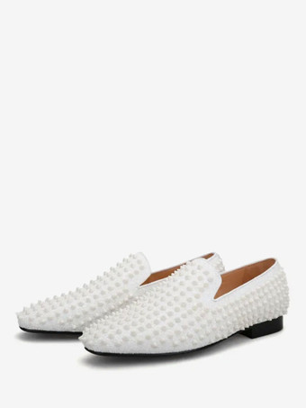 ホワイト メンズ リベットローファー ドレスシューズ モダン ラウンドトゥ リベット スリッポン マイクロスエードアッパー プロム パーティー ウェディングシューズ