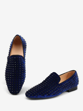 ディープブルーメンズ リベットローファー ドレスシューズ モダン ラウンドトゥ リベット スリッポン マイクロスエードアッパー プロム パーティー ウェディングシューズ