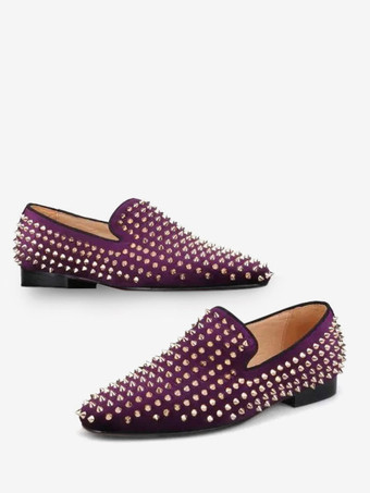 フクシア メンズ ローファー シューズ スエード レザー リベット スリッポン プロム パーティー ウェディング シューズ