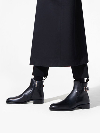 メンズ アンクルブーツ ブラック PUレザー ラウンドトゥ バックルバックストラップ ドレスチェルシーブーツ