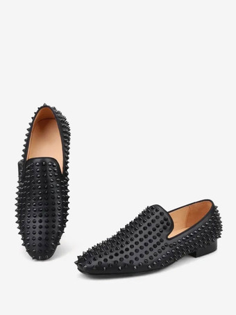 ブラック メンズ リベットローファー ドレスシューズ モダン ラウンドトゥ リベット スリッポン マイクロスエードアッパー プロム パーティー ウェディングシューズ