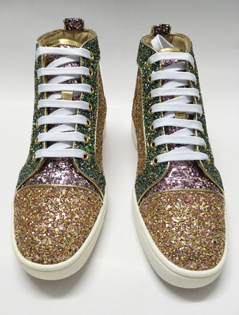 メンズ ゴールド スパンコール ハイトップ レースアップ スニーカー プロム ホームカミング パーティー シューズ