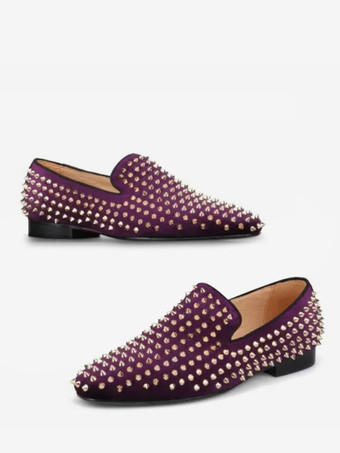 パープル メンズ リベットローファー ドレスシューズ モダン ラウンドトゥ リベット スリッポン マイクロスエードアッパー プロム パーティー ウェディングシューズ