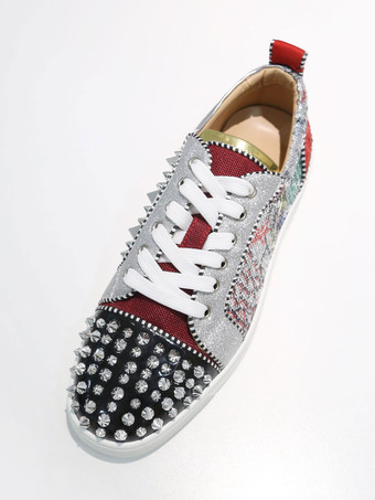 メンズスニーカー ブラック シルバー 楽しいコミック ラウンドトゥ リベット レースアップシューズ