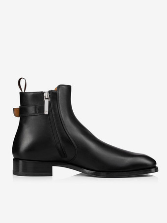 メンズ アンクルブーツ ブラック PUレザー ラウンドトゥ バックルバックストラップ ドレスチェルシーブーツ