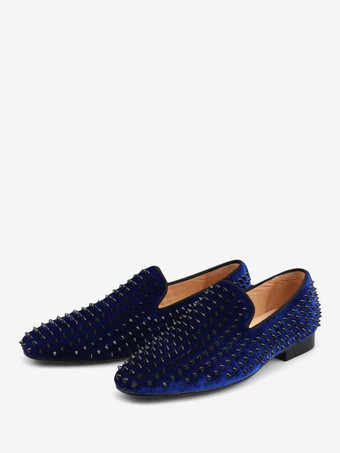 ダークネイビーメンズ ローファー シューズ スパイク リベット スクエアトゥ スリッポン プロム パーティー ウェディングシューズ