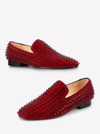 ダークレッドメンズ リベットローファー ドレスシューズ モダン ラウンドトゥ リベット スリッポン マイクロスエードアッパー プロム パーティー ウェディングシューズ