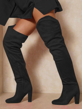 ブラック オーバーニーブーツ ワイドカーフサイハイブーツ レディース スエード チャンキーヒール