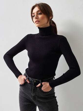 ブラック 女性のためのプルオーバー カーキ ハイカラー 長袖 アクリル セーター