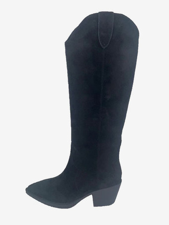 Black Suede Western Boots Simple Puppy Heel Knee High Boots