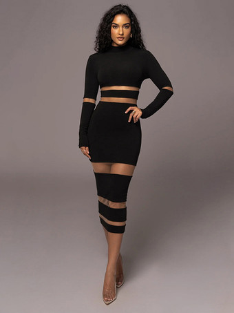Mesh Patchwork Dress Long Sleeves See Through Party Bodycon Dresses