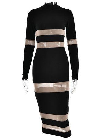 メッシュ パッチワーク ドレス 長袖 シースルー パーティー ボディコン ドレス