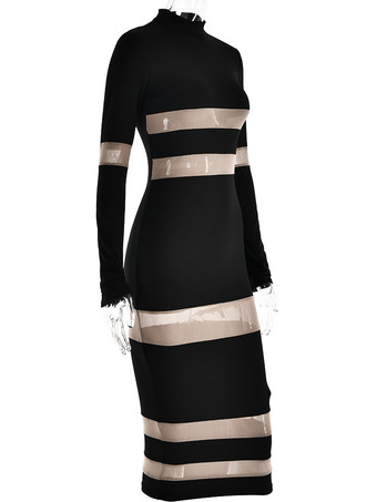 メッシュ パッチワーク ドレス 長袖 シースルー パーティー ボディコン ドレス