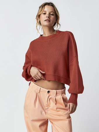 Ribbed Sweater Drop Shoulder Long Sleeves Slit Crop Top For Women