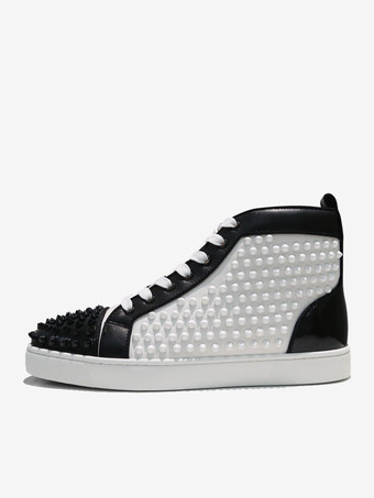 メンズ ブラック＆ホワイト ハイトップ スニーカー スパイク付き