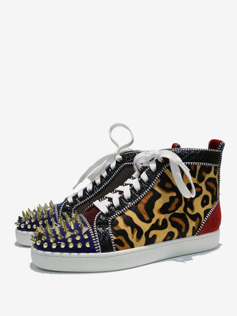 Mens Leopard Print Round Up Top Sneakers with Rivets - Milanoo.com