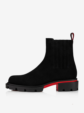 メンズ チェルシーブーツ ブラック スエード 中央ステッチ レザー ラグソール スクエアトゥ アンクルブーツ
