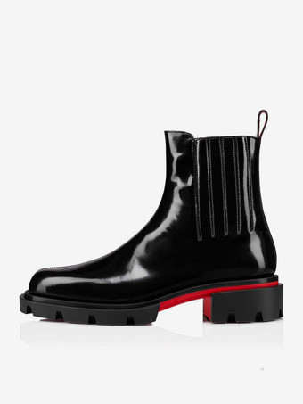 メンズ チェルシーブーツ ブラック センターステッチ パテントレザー ラグソール スクエアトゥ アンクルブーツ