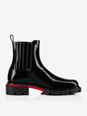 メンズ チェルシーブーツ ブラック センターステッチ パテントレザー ラグソール スクエアトゥ アンクルブーツ