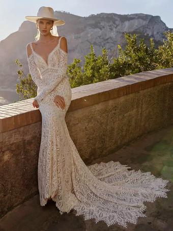 Robe de mariee boheme en dentelle style sirene pour la mariage a la plage en ete Milanoo