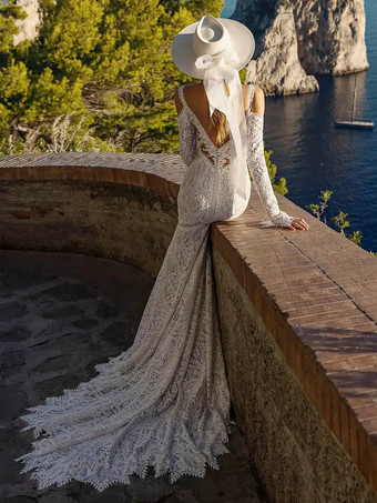 レースのウェディングドレストレーンマーメイドノースリーブVネックブライダルドレス無料カスタマイズ