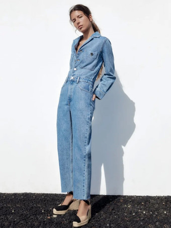 デニム ジャンプスーツ プリーツ ネック フロント ボタン ストレート ソリッド カラー 遊び着