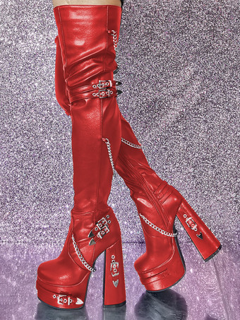 レッド ブラックゴシックサイハイブーツ レディース プラットフォーム メタルディテール ハイヒール オーバーニーブーツ