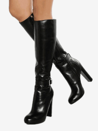ブラック ニーハイブーツレディースブラックポインテッドトゥチャンキーヒールデイリーカジュアルブーツ