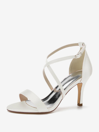 アイボリー 女性のかかとアイボリースチレットヒール先のとがったつま先手作りサテンサンダルロートップヒール