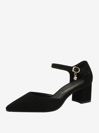 ブラック 女性ミッドローヒールポインテッドトゥチャンキーヒールスリッポンファンタスティックメタルディテールスエードレザーソフトピンクパンプス