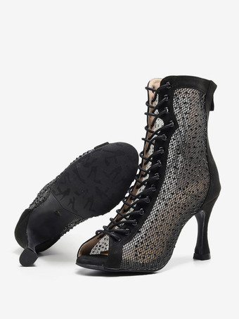 女性のブーツスティレットヒールメッシュマイクロスエードのぞき見つま先黒セクシーな夏のブーツ