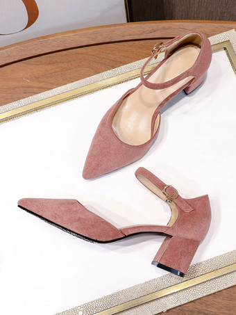 女性ミッドローヒールポインテッドトゥチャンキーヒールスリッポンファンタスティックメタルディテールスエードレザーソフトピンクパンプス
