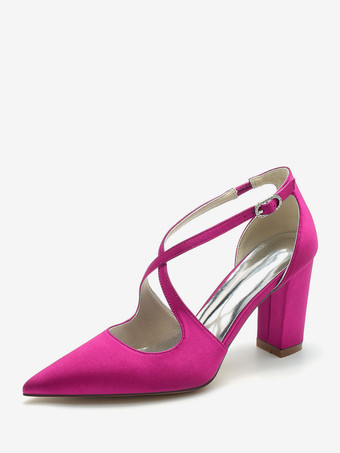 ローズレッド女性のブライダルシューズサテンポインテッドトゥチャンキーヒールブライダルシューズ