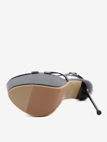 女性のセクシーなサンダルブラックPUレザーアーモンドつま先レースアップスチレットヒールセクシーな靴 ポールダンスシューズ