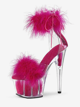 ローズレッドポールダンスシューズ セクシーなヒールサンダル 女性用 ブラック PUレザー ピープトゥ スティレットヒール アンクルストラップヒール