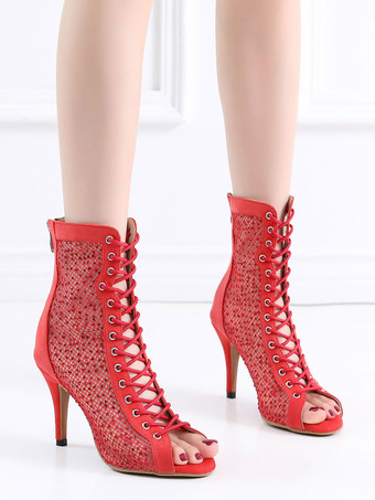 女性のブーツスティレットヒールメッシュマイクロスエードのぞき見つま先黒セクシーな夏のブーツ