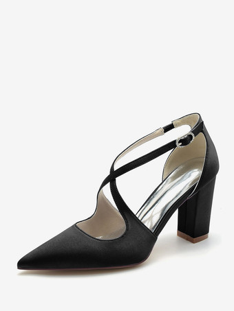 ブラック 女性のブライダルシューズサテンポインテッドトゥチャンキーヒールブライダルシューズ