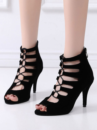 ブラック レディース レースアップ サマーブーツ ヒール in Fuax Suede