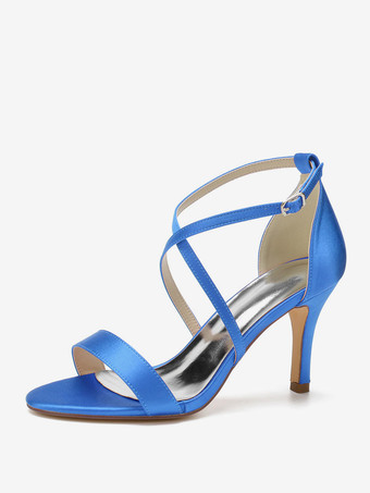 ブルー 女性のかかとアイボリースチレットヒール先のとがったつま先手作りサテンサンダルロートップヒール