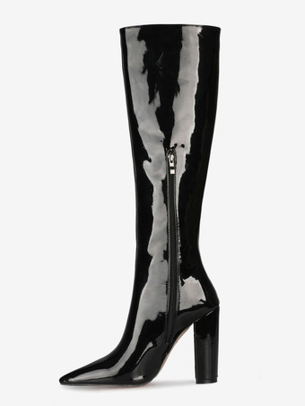 ニーハイブーツ レザー ブラック ポインテッドトゥ ブライトレザー チャンキーヒール 膝丈ブーツ レディース