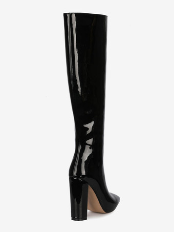 ニーハイブーツ レザー ブラック ポインテッドトゥ ブライトレザー チャンキーヒール 膝丈ブーツ レディース