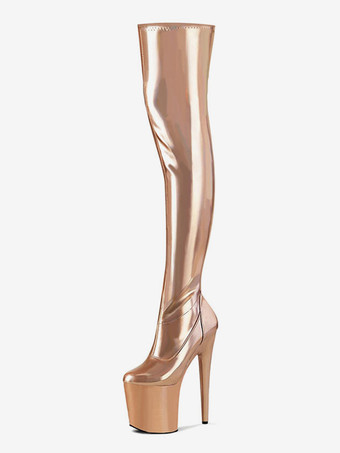 ゴールド セクシーなハイヒールブーツラウンドトゥジッパーメタルディテール幾何学的なスティレットヒールレイブクラブサイハイブーツシルバーオーバーザニーブーツ ポールダンスシューズ
