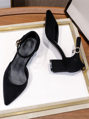 女性ミッドローヒールポインテッドトゥチャンキーヒールスリッポンファンタスティックメタルディテールスエードレザーソフトピンクパンプス