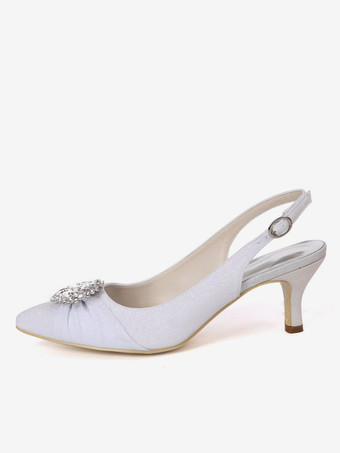 ウェディングシューズホワイトスパンコールクロスバックルポインテッドトゥキトンヒールバックスリップブライダルシューズ