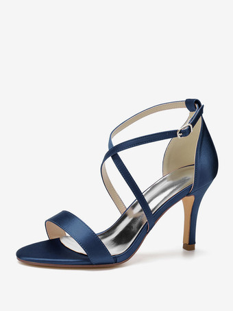 ディープブルー女性のかかとアイボリースチレットヒール先のとがったつま先手作りサテンサンダルロートップヒール