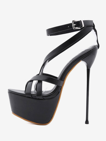 女性のセクシーなサンダルブラックPUレザーアーモンドつま先レースアップスチレットヒールセクシーな靴 ポールダンスシューズ